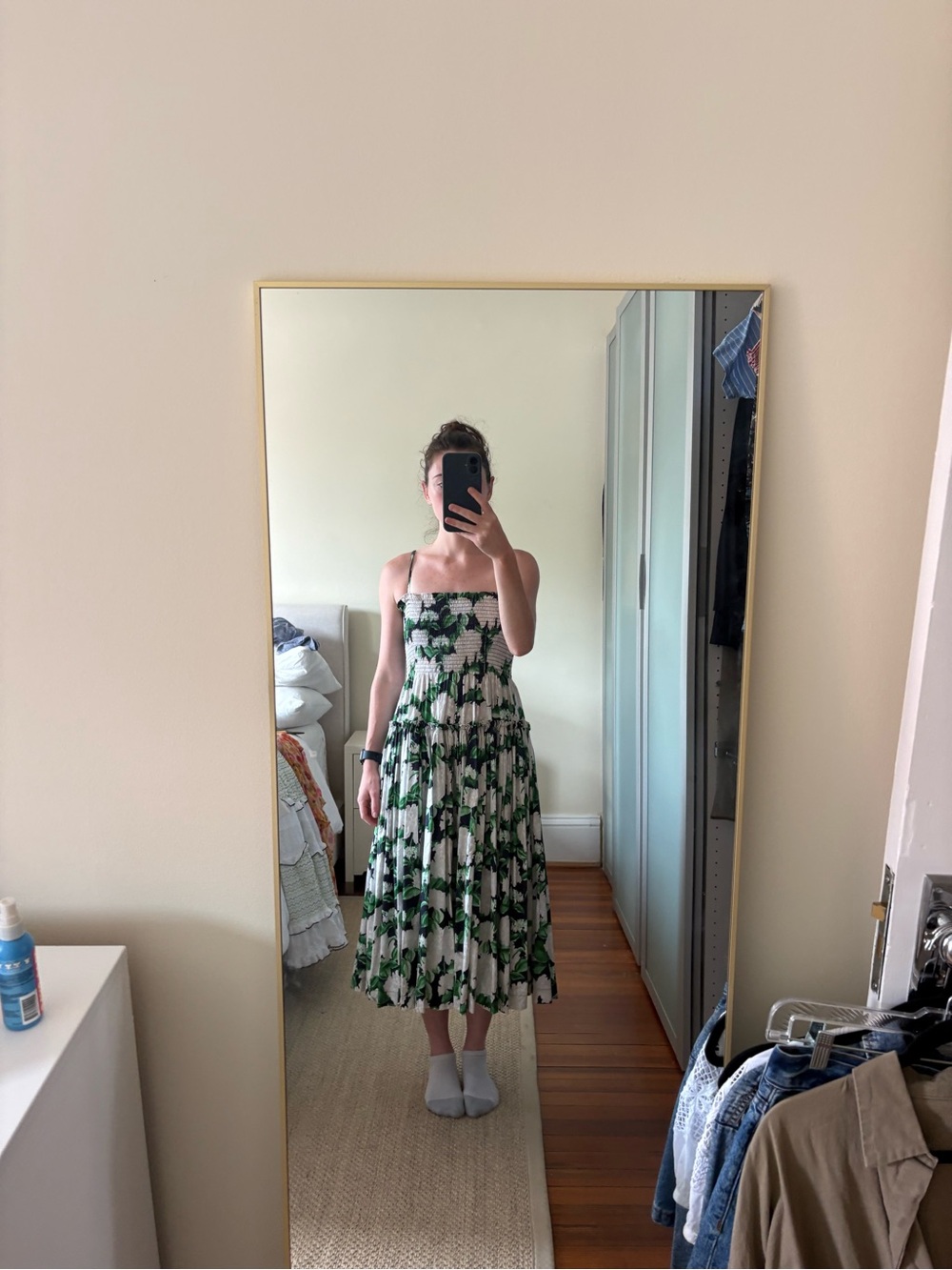 Hill House Cream Midi Dress with Green Floral Print - Picture 2 of 6